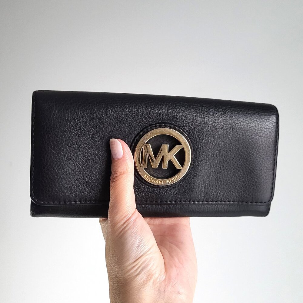 Michael Kors Black Leather Wallet I MK Logo Continental Clutch